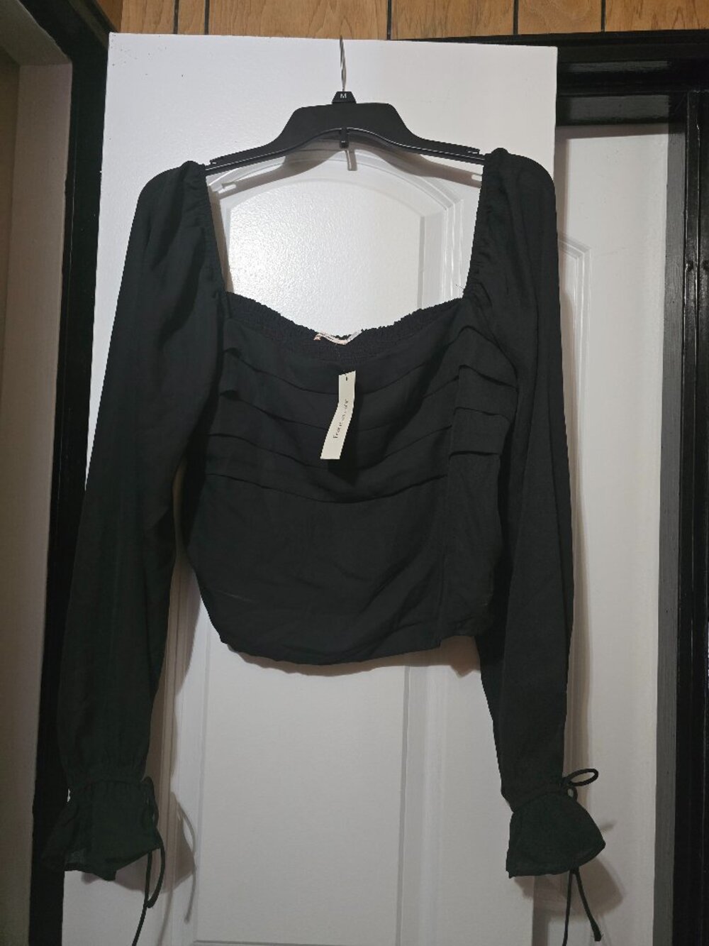 Francesca's Women's Black Smocked Back Square Neck Pleated Cropped Top - Size XL